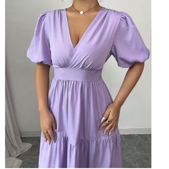 Boho V Neck Puff Sleeve Stretchy Waist Ruffle Hem Maxi Dress S M L XL - Picture 3 of 3